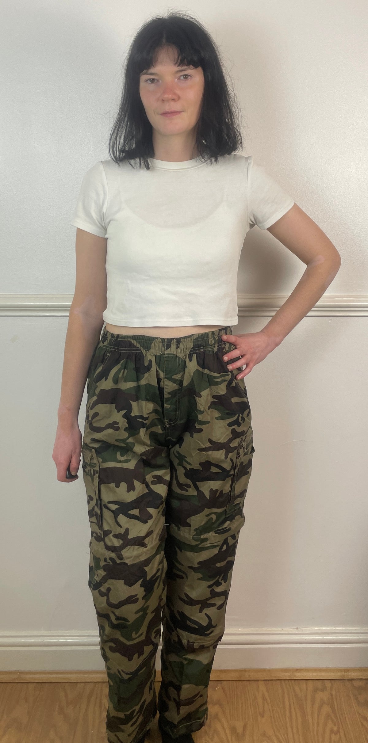 Vintage 90s Green and Brown Camouflage Elastic Waist Cargo Trousers - Size 10