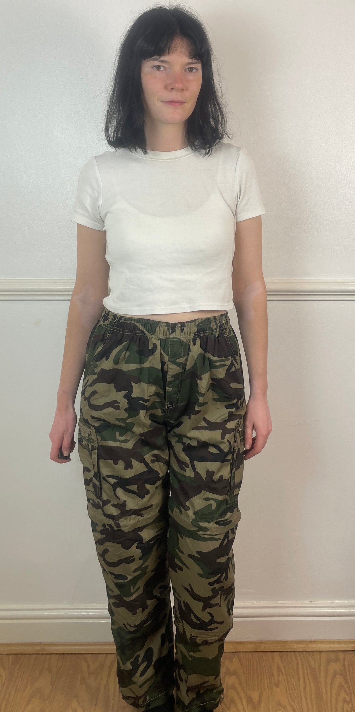 Vintage 90s Green and Brown Camouflage Elastic Waist Cargo Trousers - Size 10