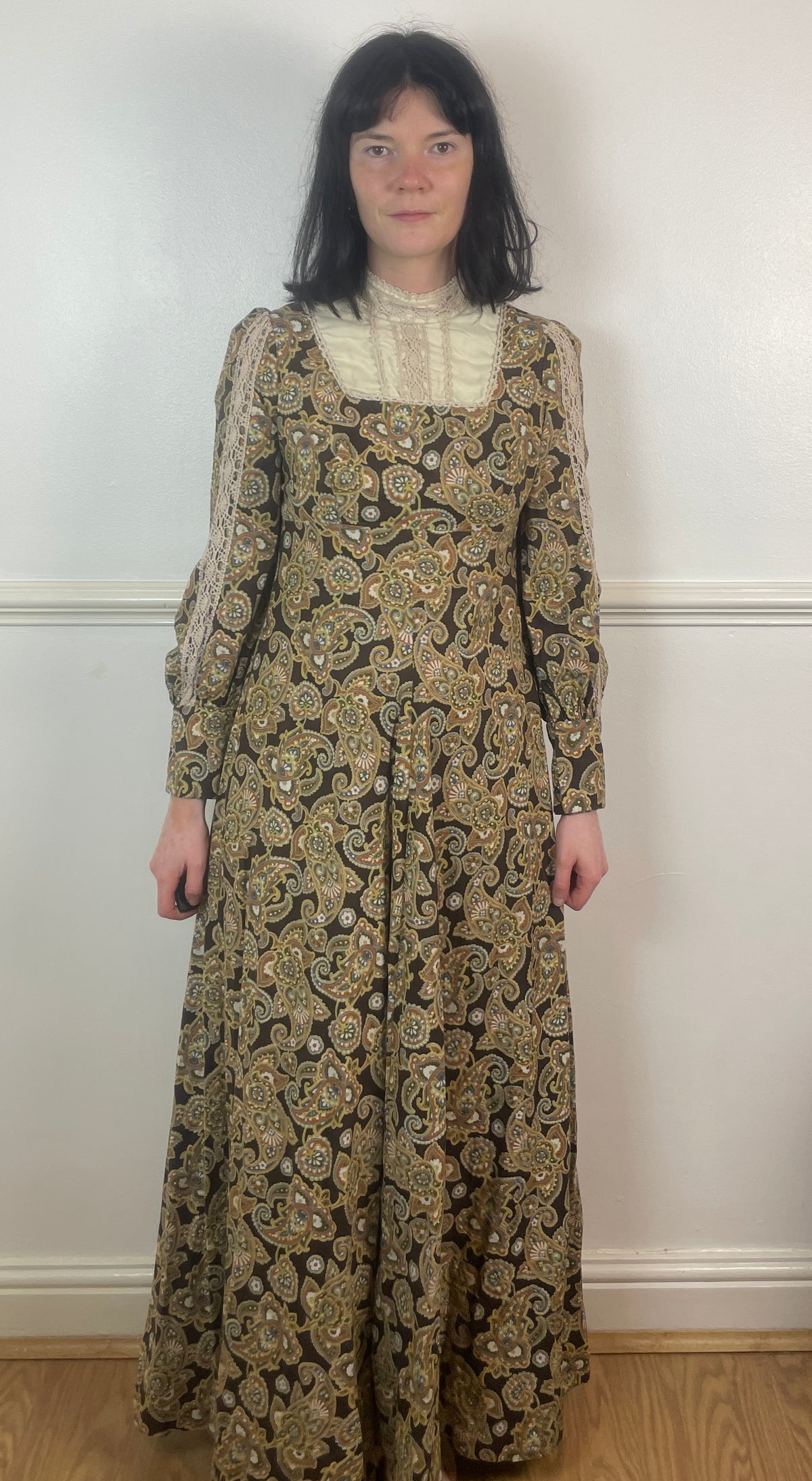 Vintage 70s Brown Paisley Crochet High Neck Long Sleeve Maxi Dress - Size 10