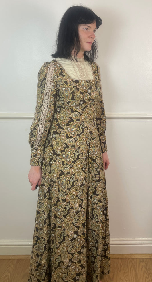 Vintage 70s Brown Paisley Crochet High Neck Long Sleeve Maxi Dress - Size 10
