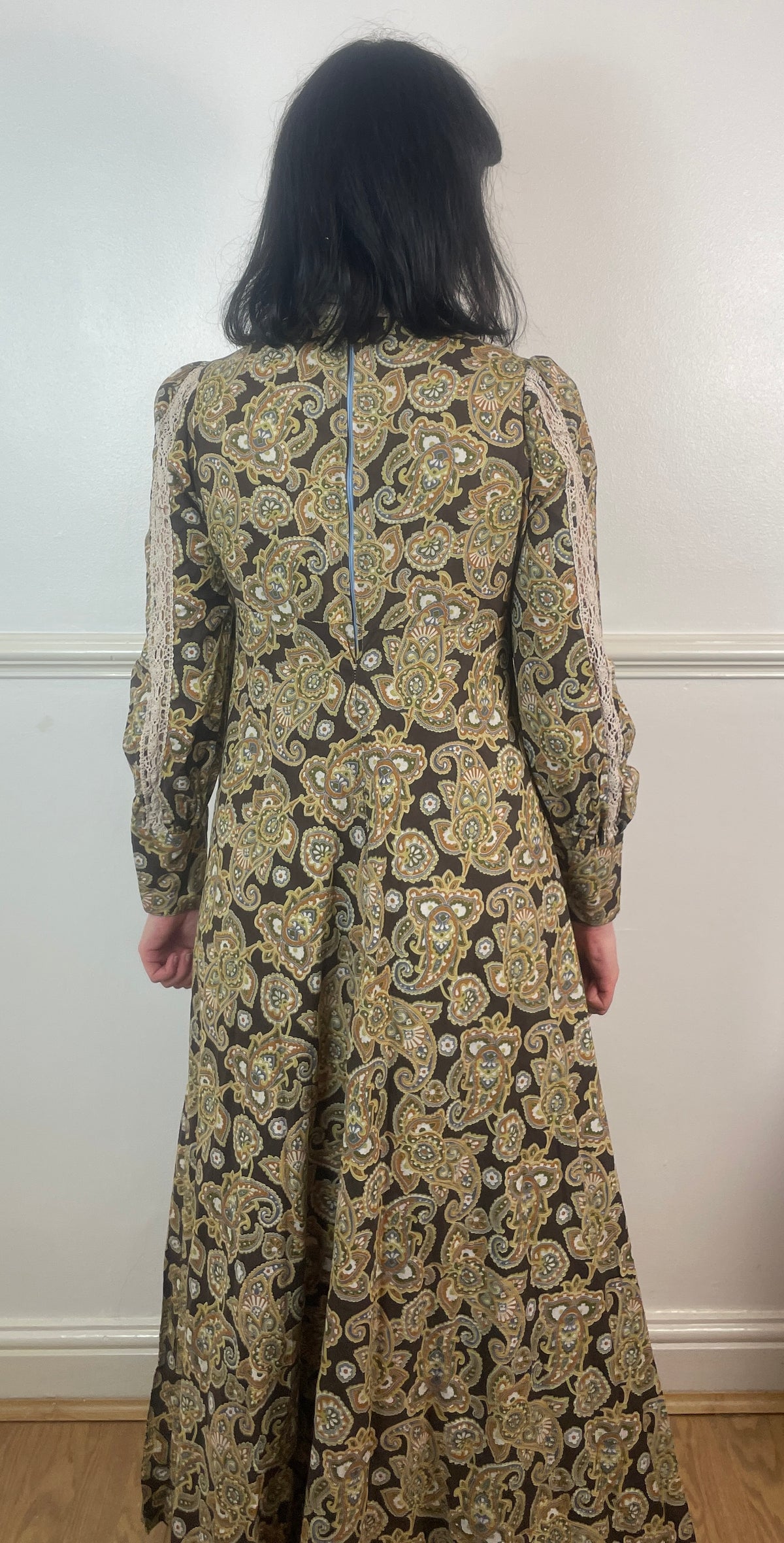 Vintage 70s Brown Paisley Crochet High Neck Long Sleeve Maxi Dress - Size 10