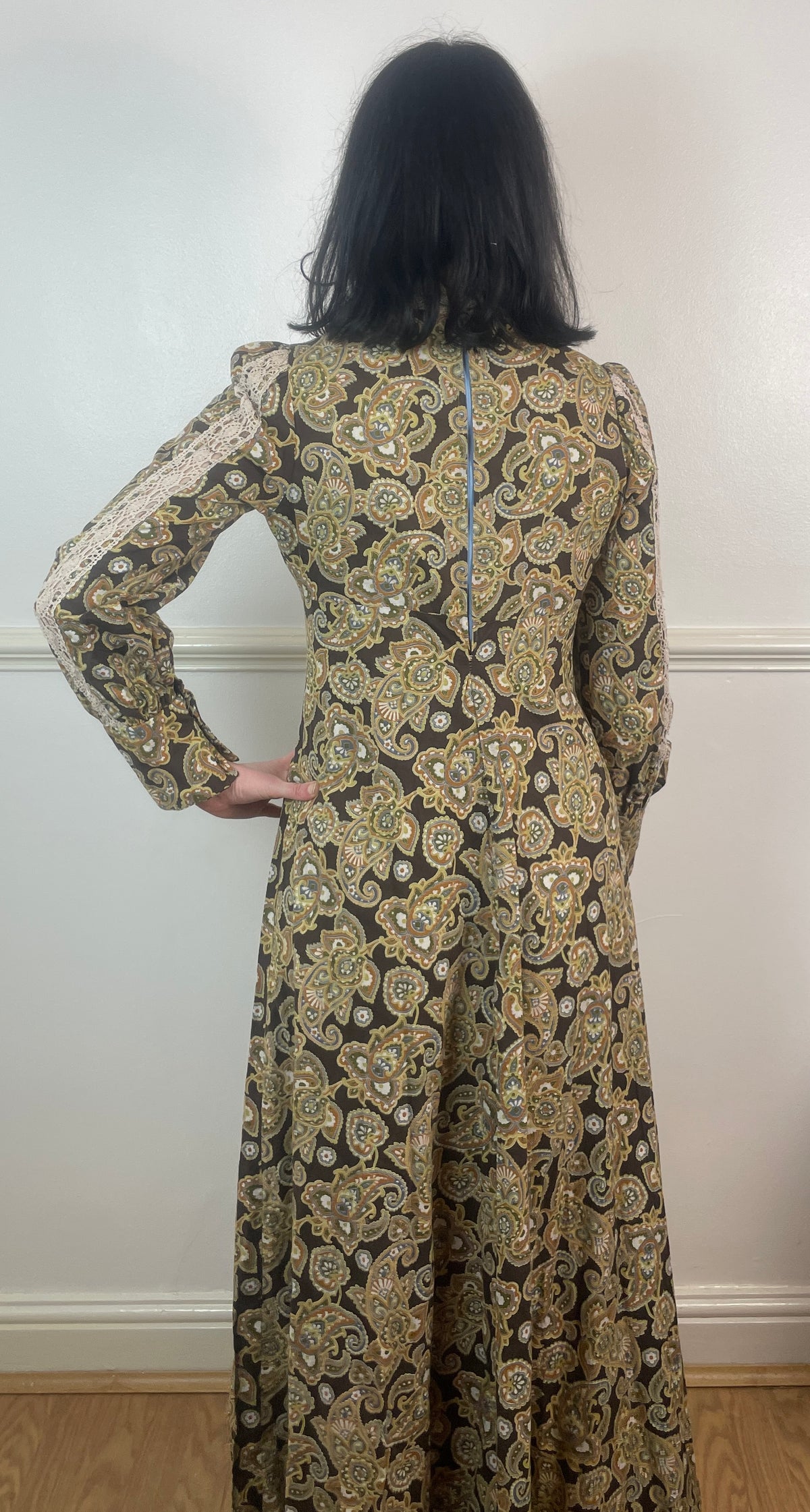 Vintage 70s Brown Paisley Crochet High Neck Long Sleeve Maxi Dress - Size 10