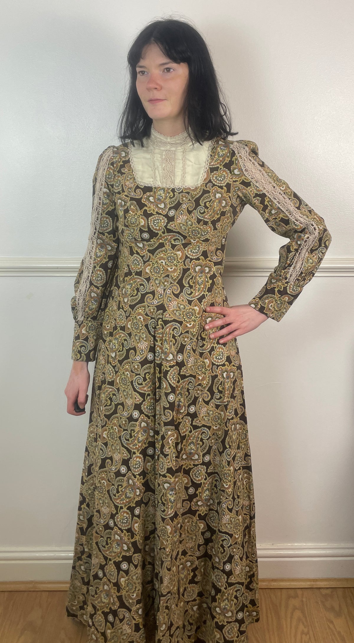 Vintage 70s Brown Paisley Crochet High Neck Long Sleeve Maxi Dress - Size 10