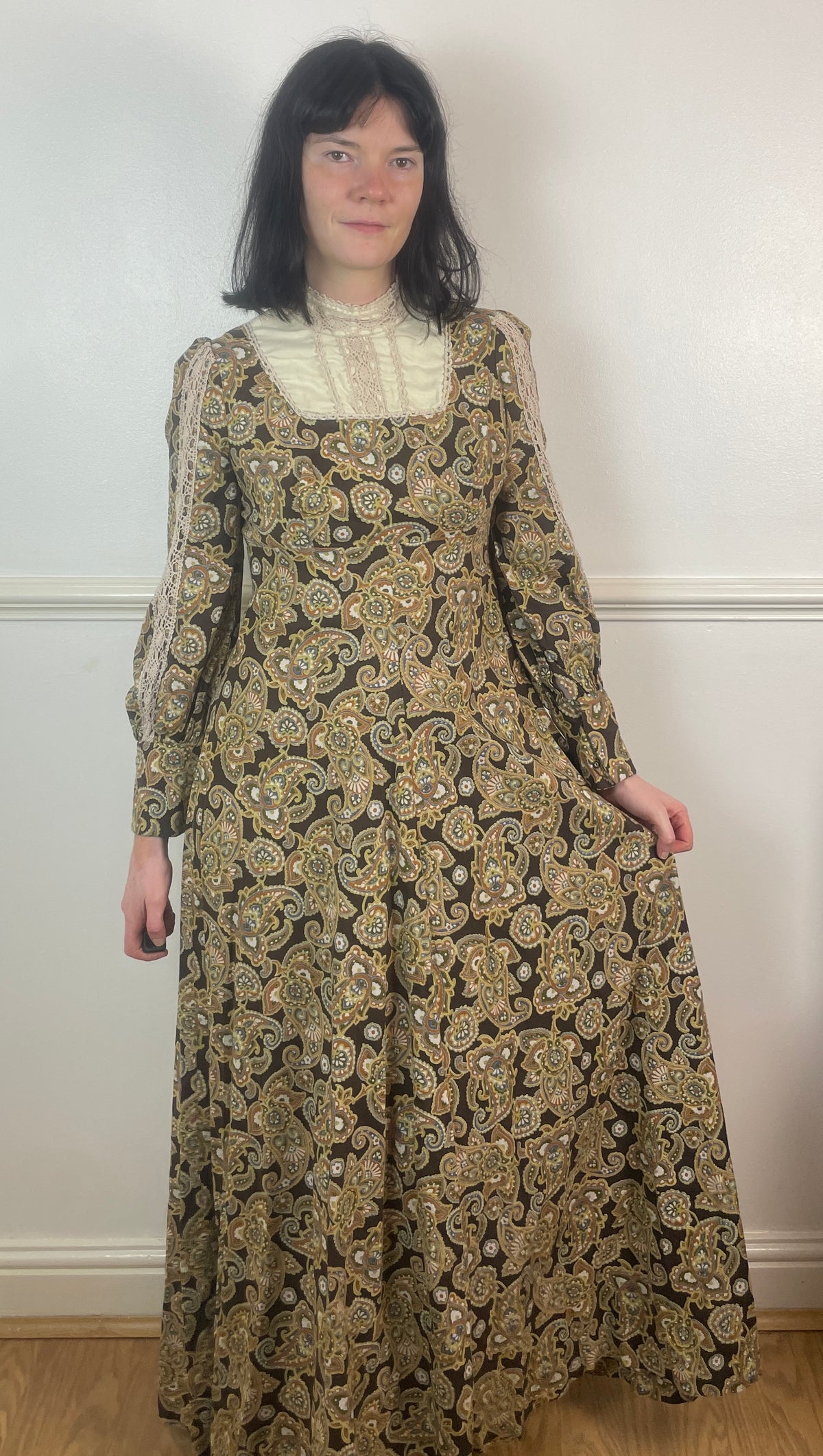 Vintage 70s Brown Paisley Crochet High Neck Long Sleeve Maxi Dress - Size 10