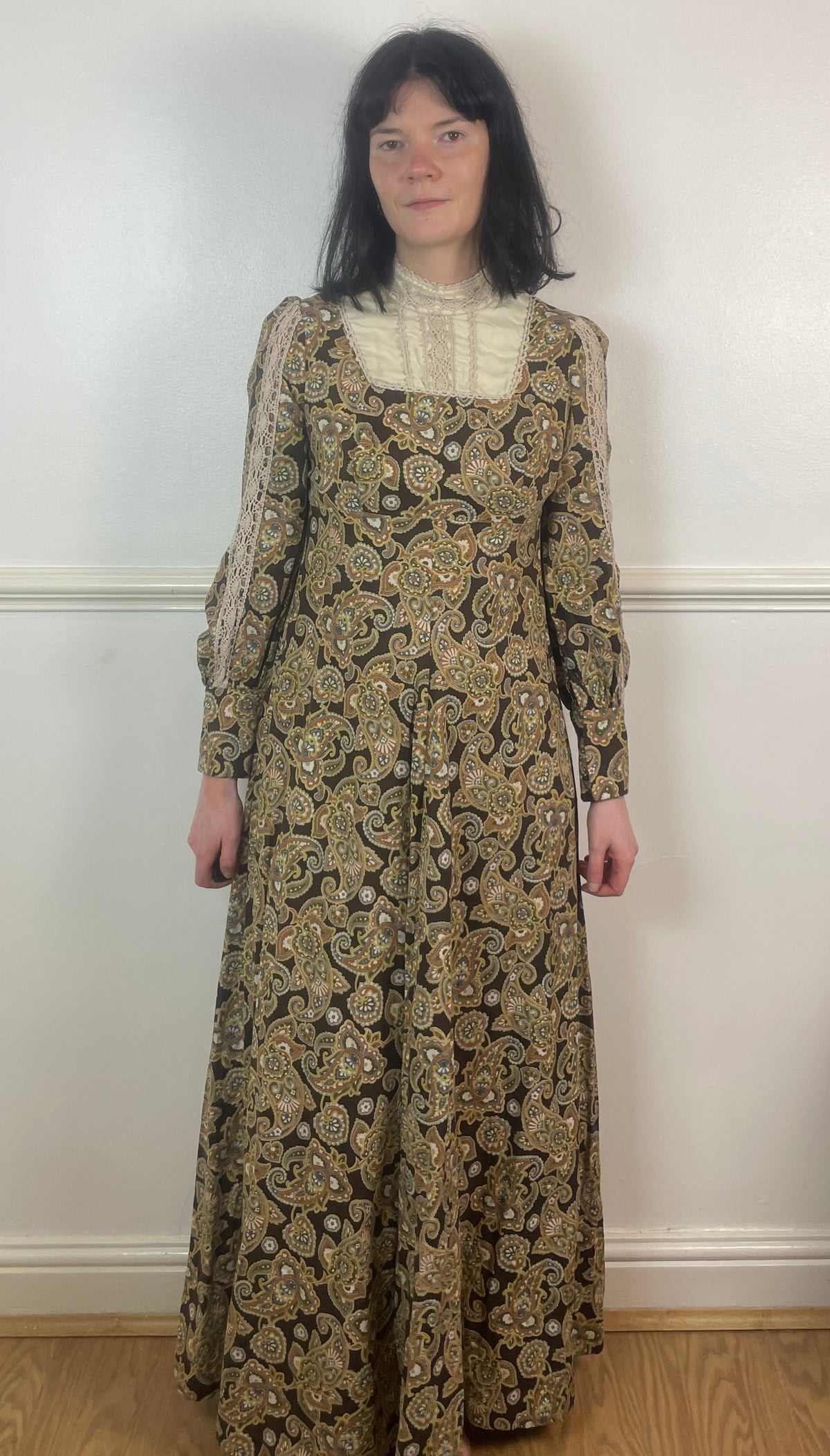 Vintage 70s Brown Paisley Crochet High Neck Long Sleeve Maxi Dress - Size 10
