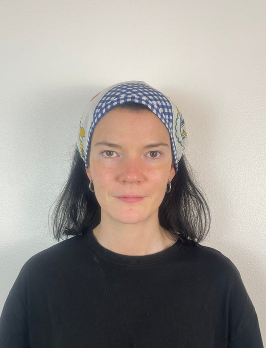 Handmade Blue Gingham Fruit Print Head Scarf Bandana