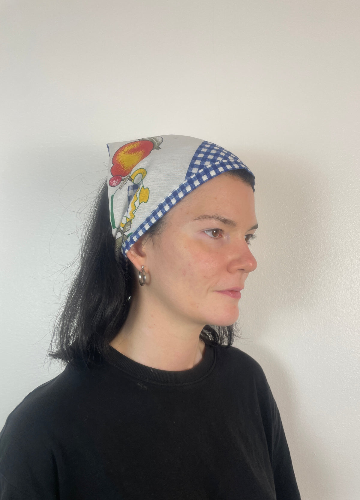 Handmade Blue Gingham Fruit Print Head Scarf Bandana