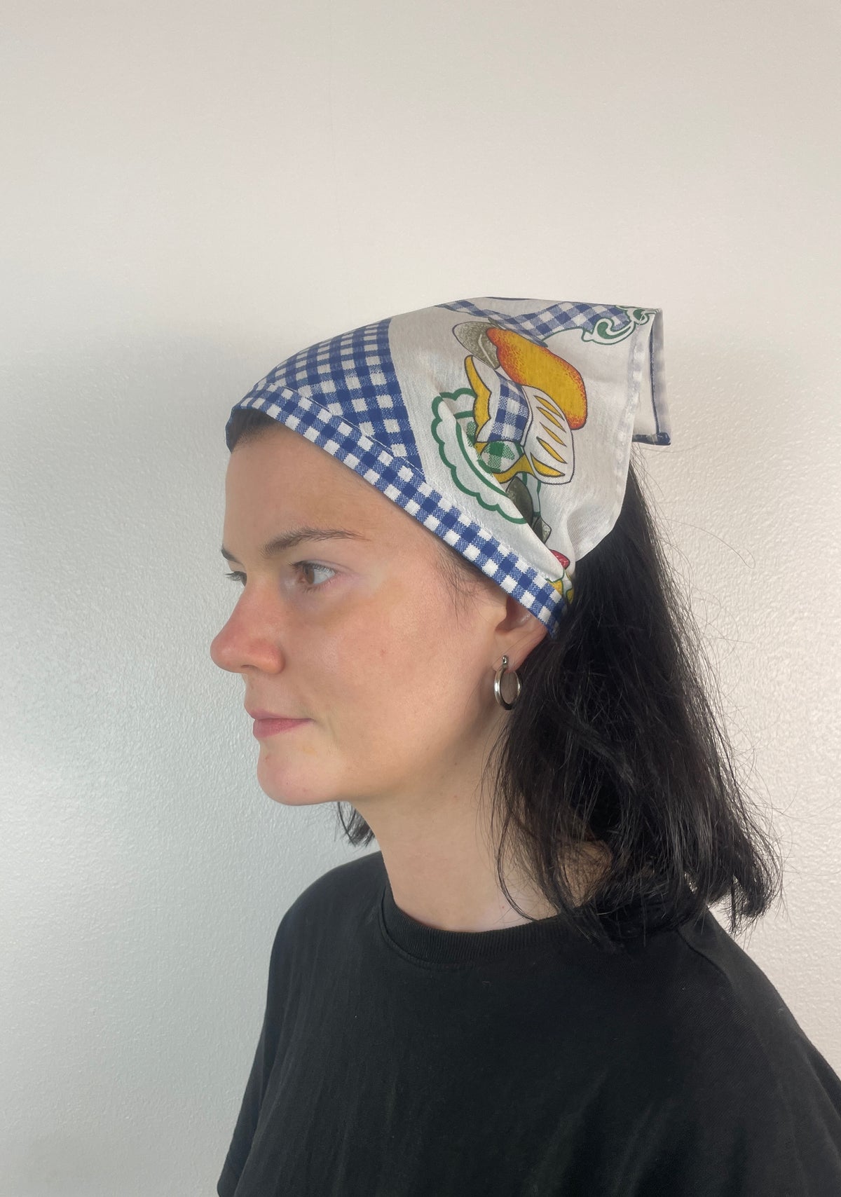 Handmade Blue Gingham Fruit Print Head Scarf Bandana