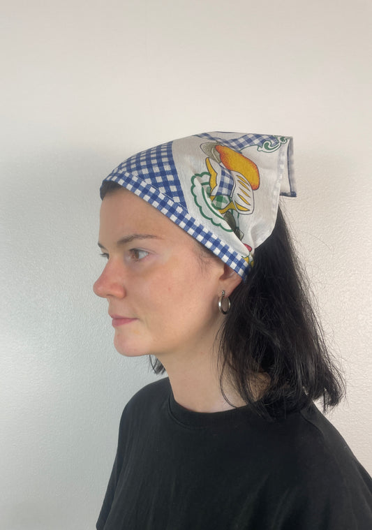 Handmade Blue Gingham Fruit Print Head Scarf Bandana