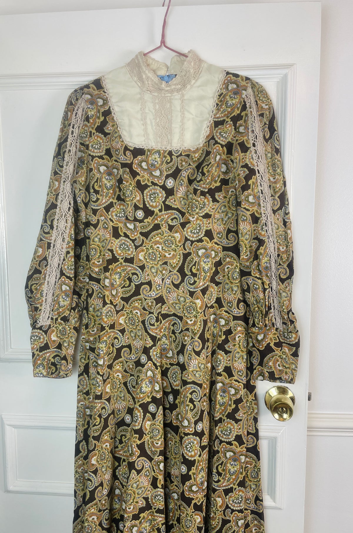 Vintage 70s Brown Paisley Crochet High Neck Long Sleeve Maxi Dress - Size 10