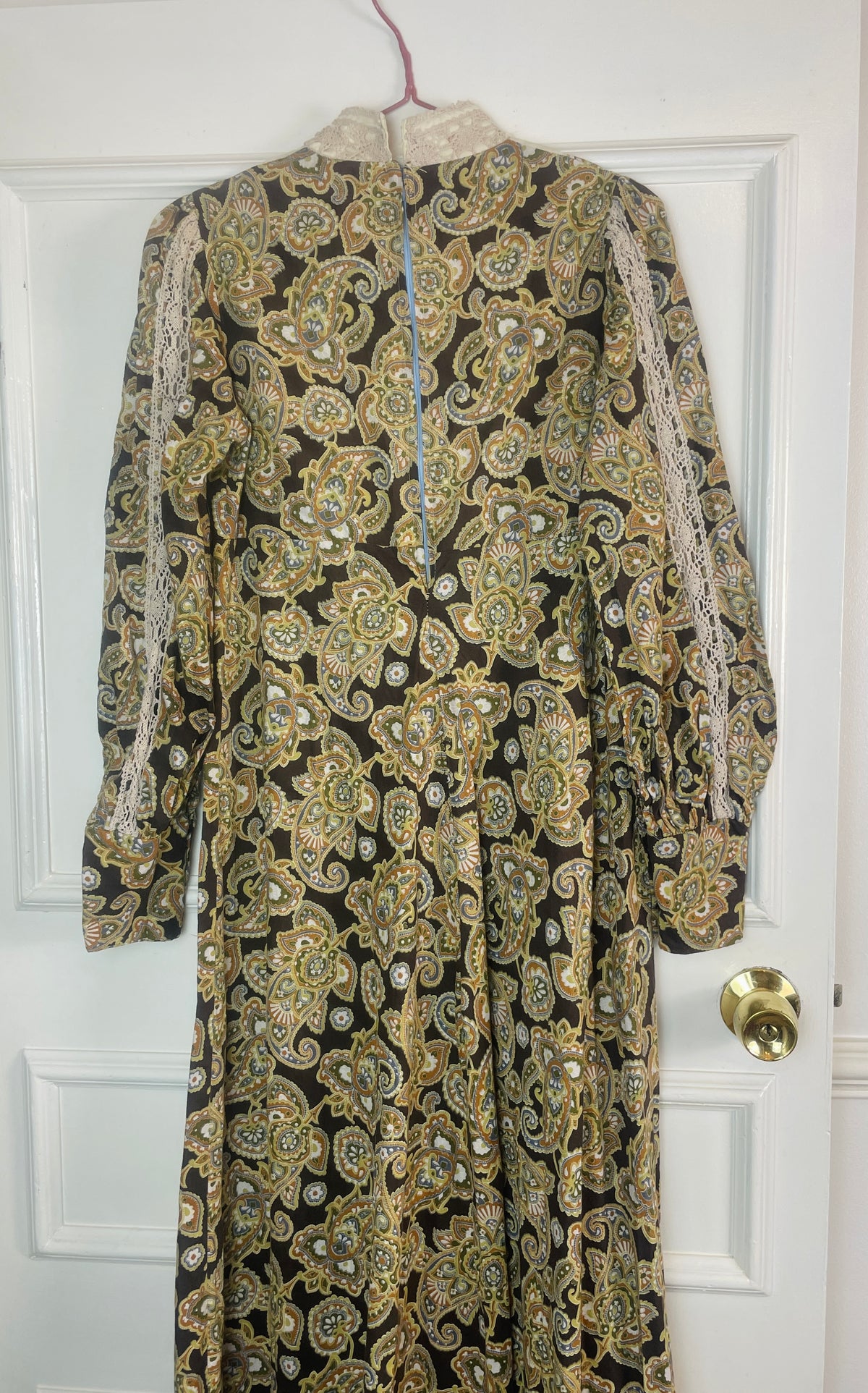 Vintage 70s Brown Paisley Crochet High Neck Long Sleeve Maxi Dress - Size 10