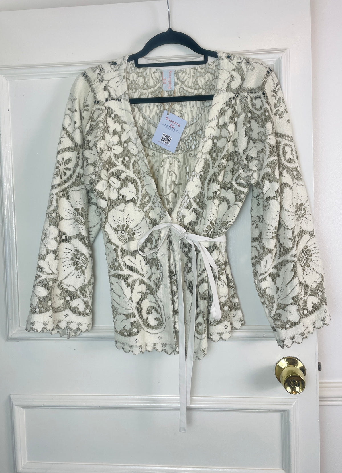 Handmade White and Grey Lace Wrap Tie Waist Top - Size 8