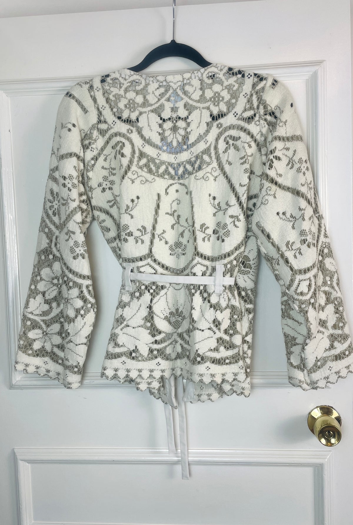Handmade White and Grey Lace Wrap Tie Waist Top - Size 8