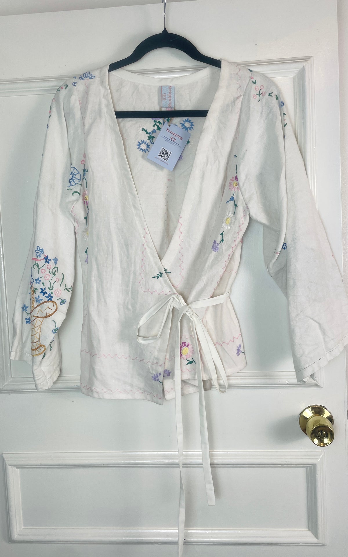 Handmade White Linen Floral Embroidered Tie Waist Wrap Top - Size 10