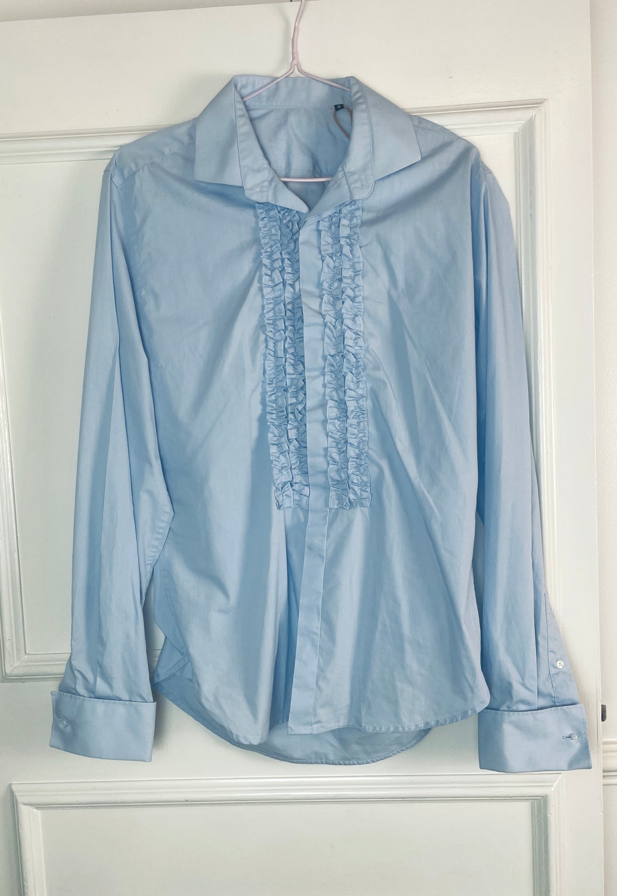 Vintage Y2K Pale Blue Ruffle Front Long Shirt - Size 10