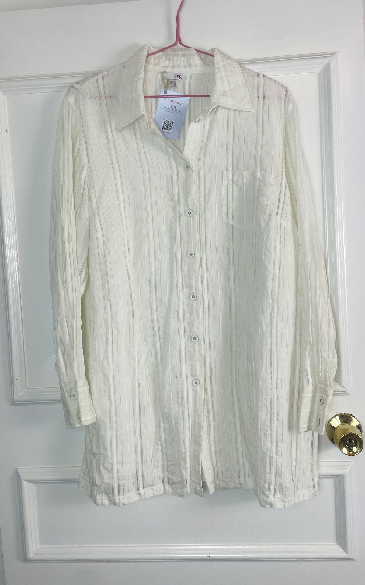 Vintage 90s White Striped Sheer Collared Shirt - Size 14