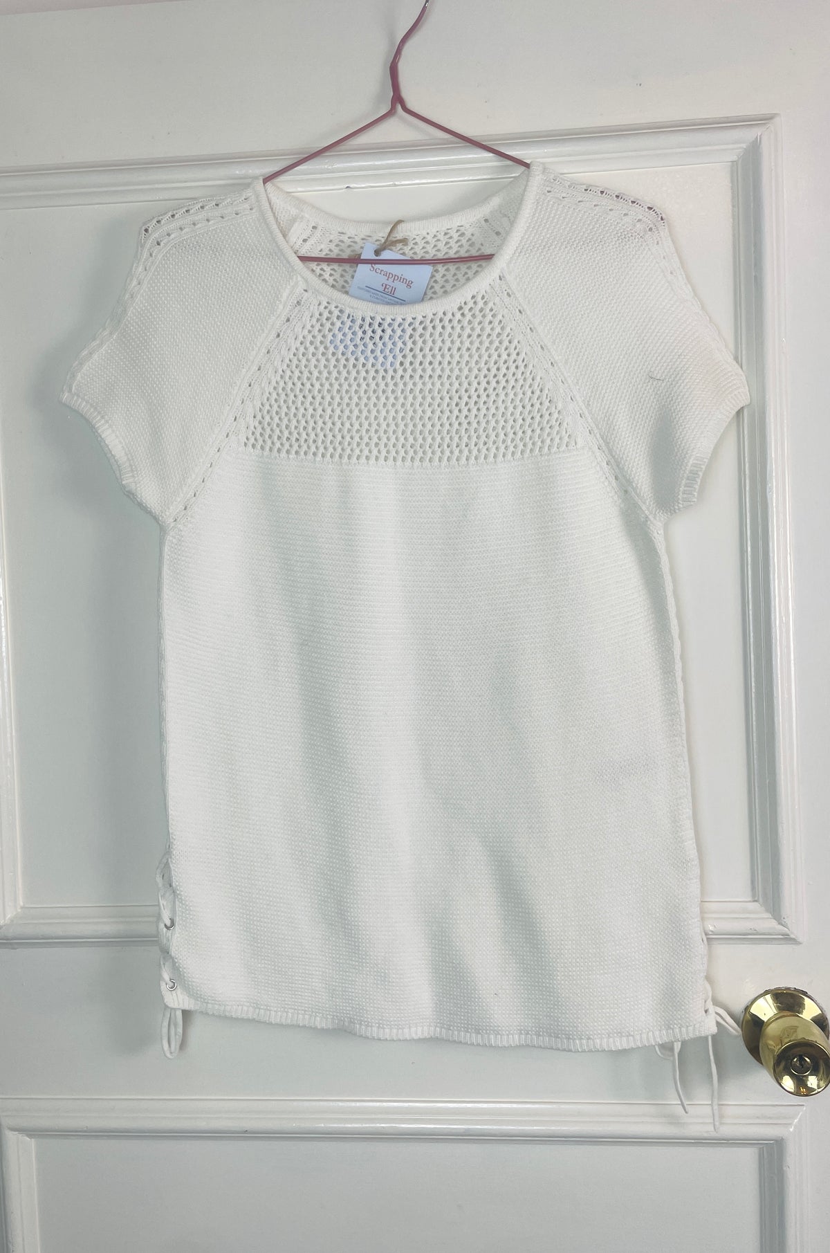 Vintage 90s White Cotton Open Knitted T-Shirt - Size 10