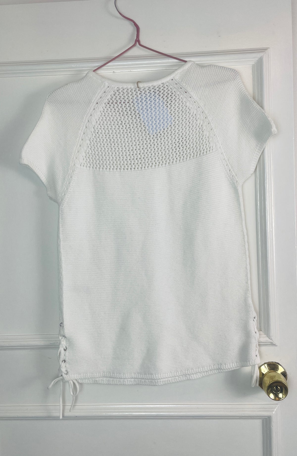Vintage 90s White Cotton Open Knitted T-Shirt - Size 10