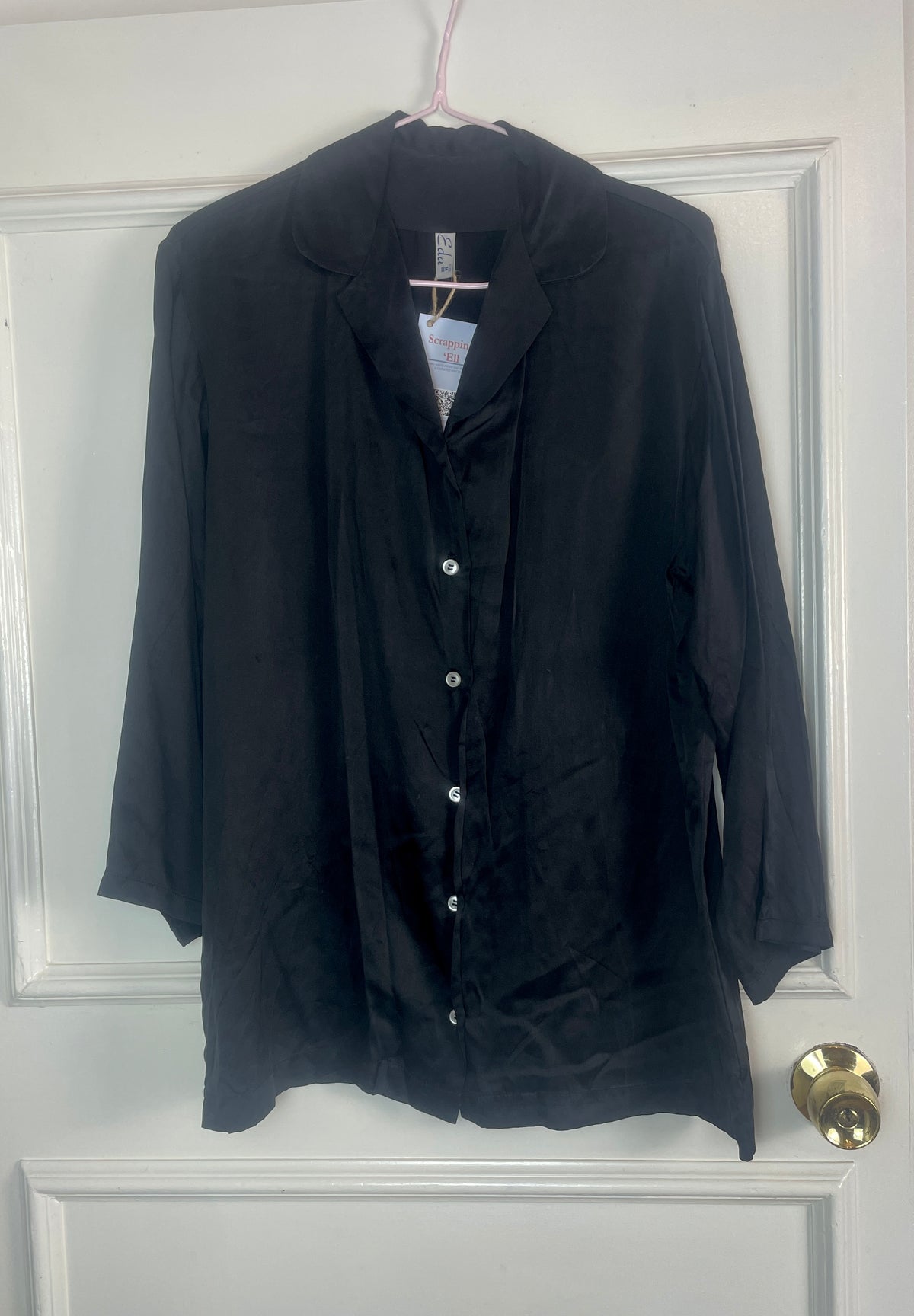 Vintage 90s Black Silk Satin Revere Collar Shirt - Size 10