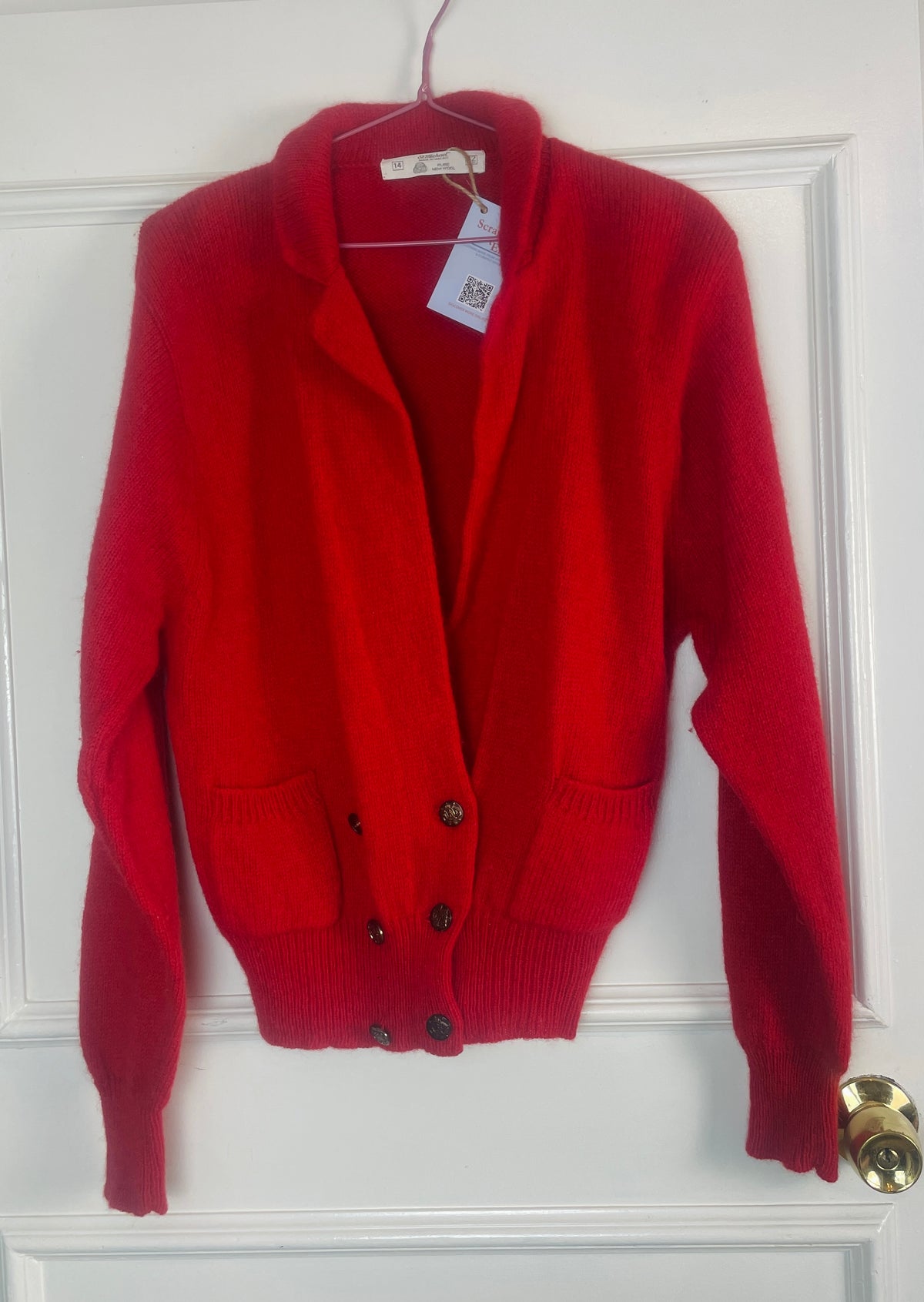 Vintage 80s Red Wool V-Neck Double Breasted Knitted Cardigan - Size 10