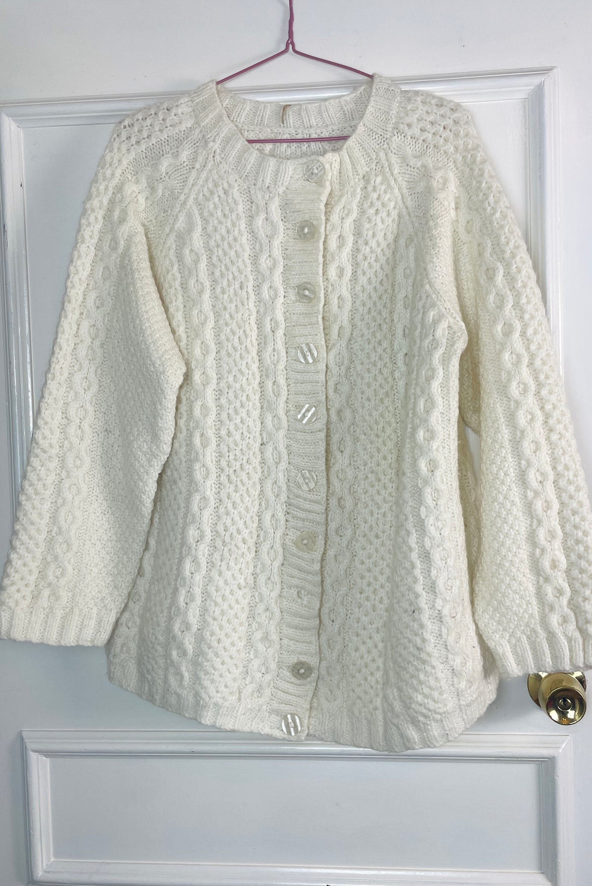 Vintage 90s White Wool Cable Knit Cardigan - Size 12