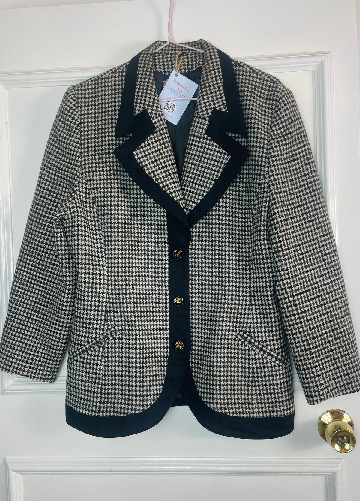 Vintage 80s Black and White Fitted Cropped Houndstooth Blazer Jacket - Size 10