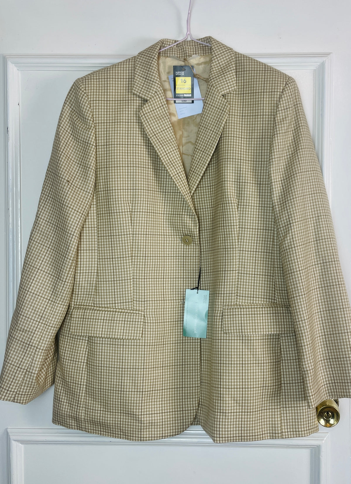 Vintage 90s Beige and White Gingham Long Wool Blazer Jacket - Size 14