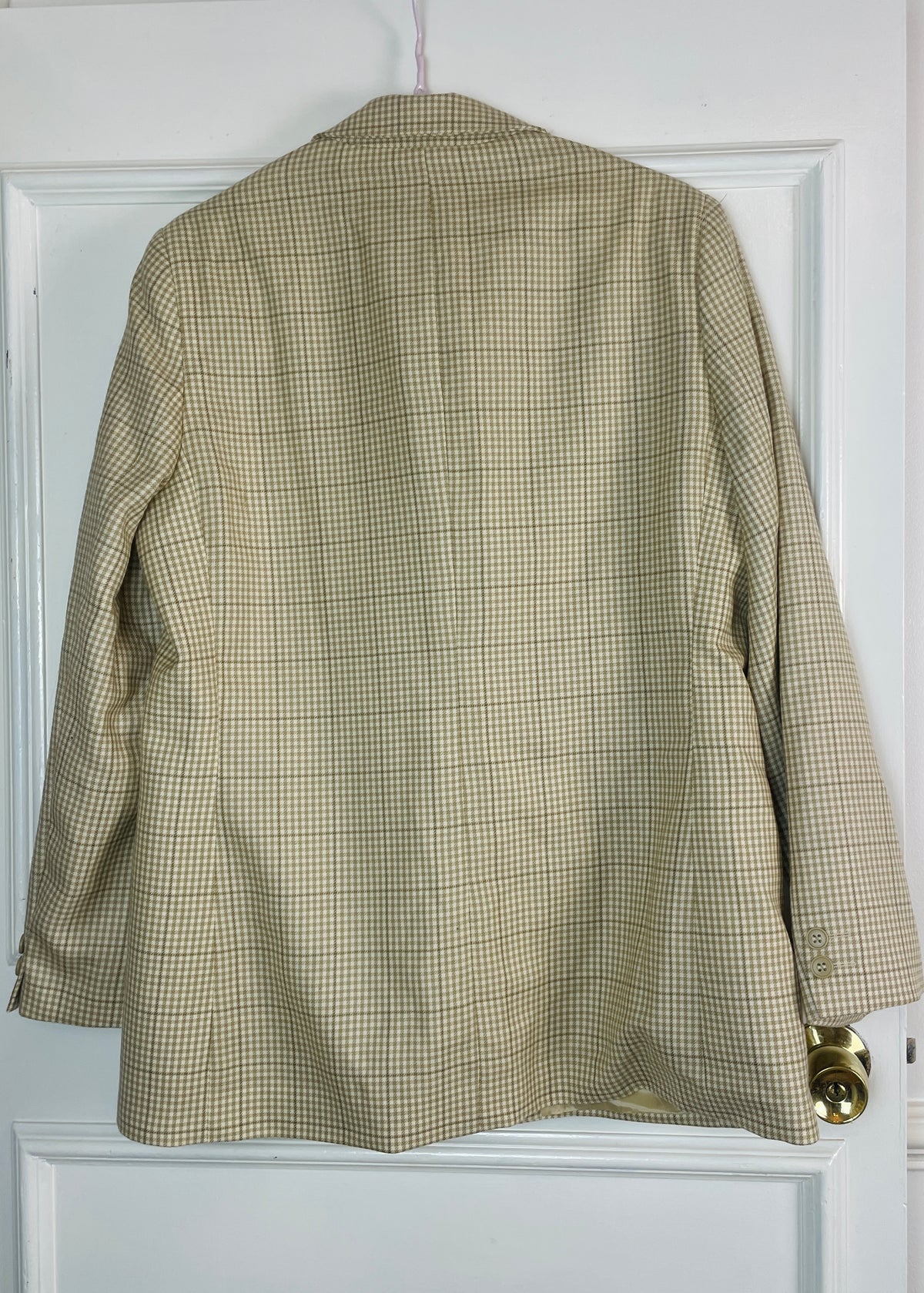 Vintage 90s Beige and White Gingham Long Wool Blazer Jacket - Size 14