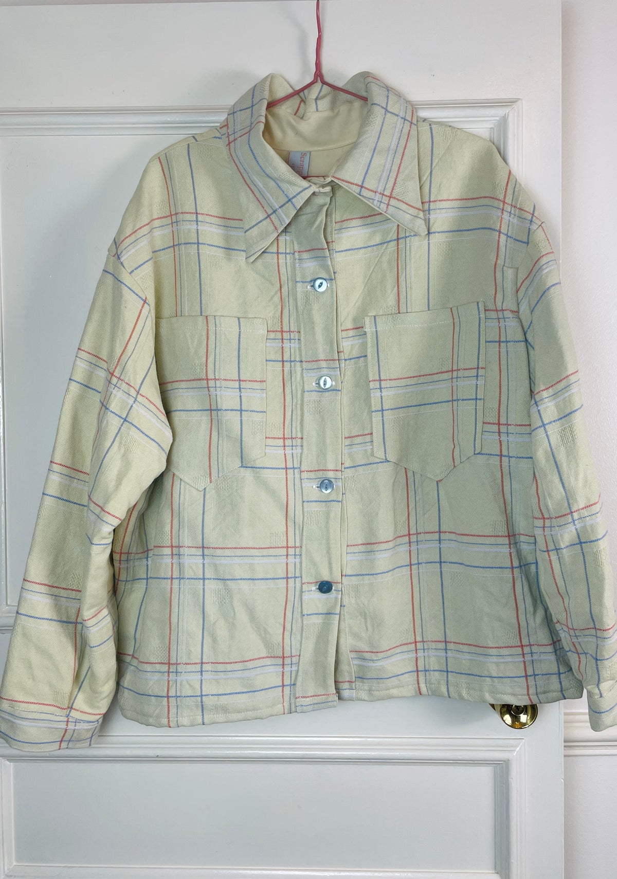 Handmade Yellow and Blue Checked Cotton Unisex Boxy Shirt Jacket - Size 16
