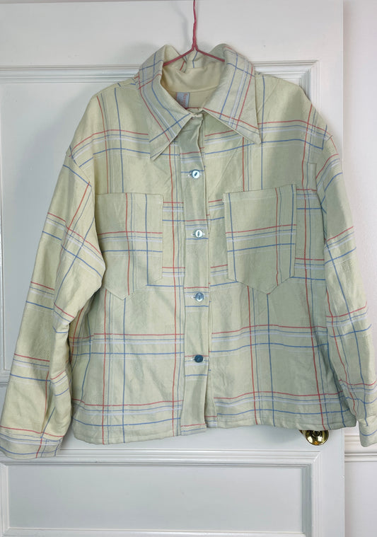 Handmade Yellow and Blue Checked Cotton Unisex Boxy Shirt Jacket - Size 16