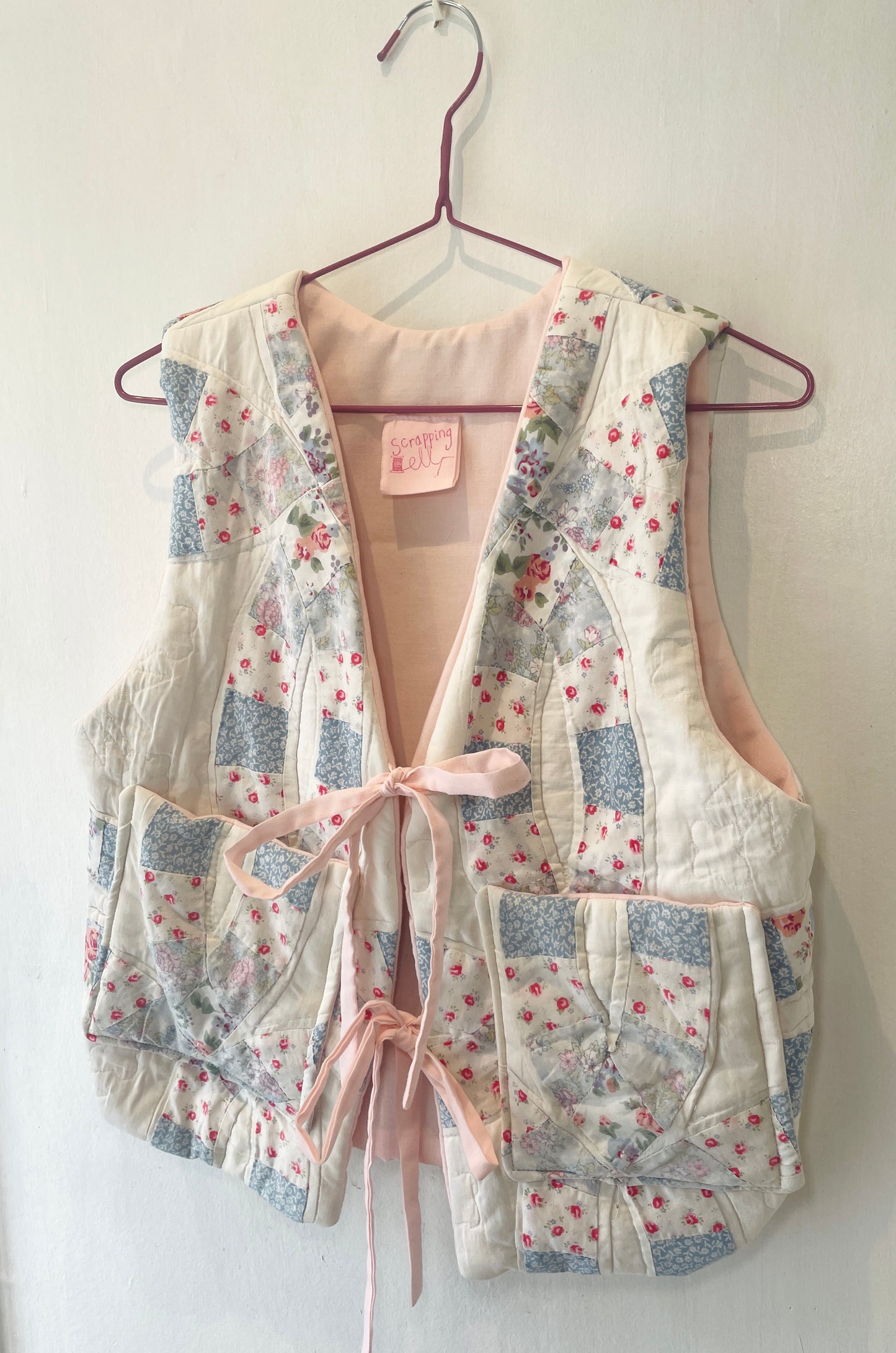 Zoe Handmade Pink and Blue Floral Tie Front Quilted Vest Gilet - Up To Size 10