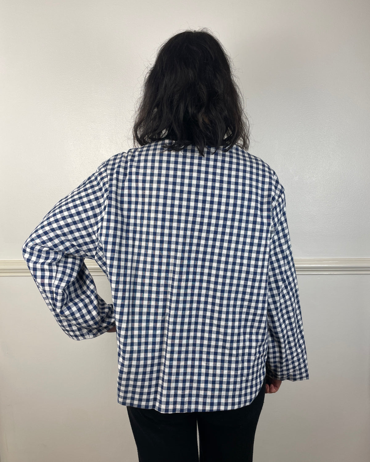 Handmade Navy Blue Gingham Asymmetric Tie Front Collarless Jacket - Size 14