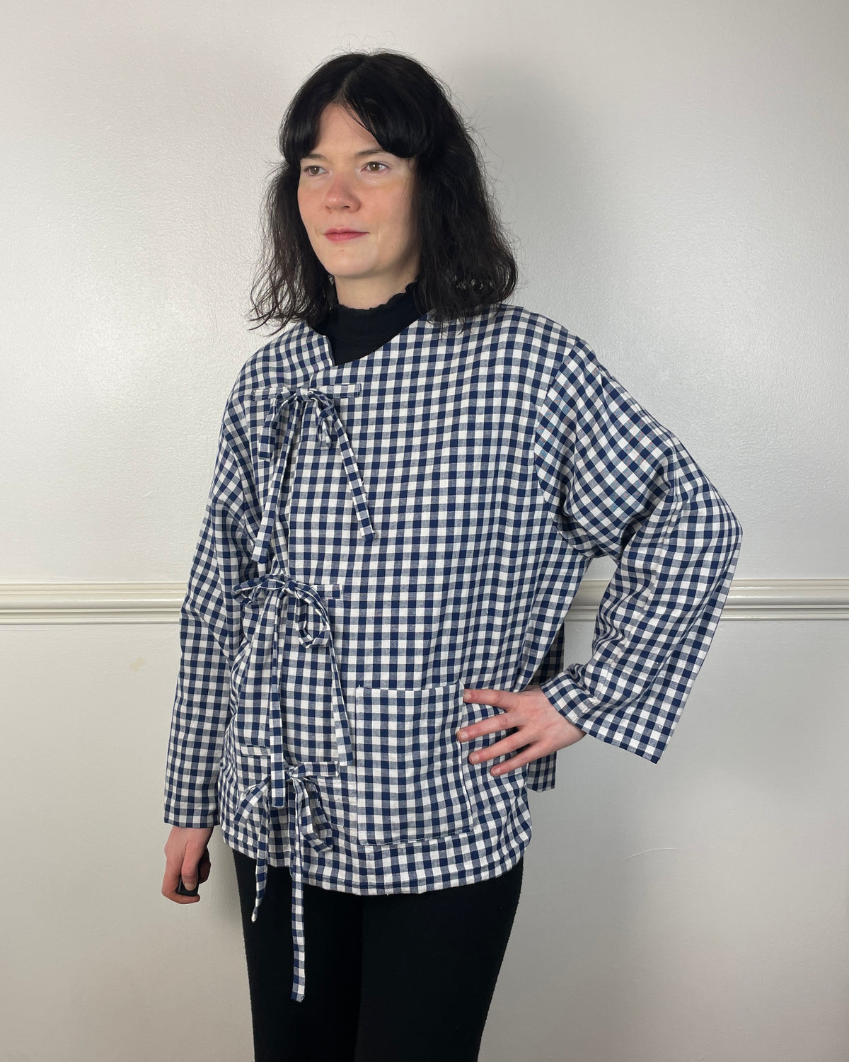 Handmade Navy Blue Gingham Asymmetric Tie Front Collarless Jacket - Size 14