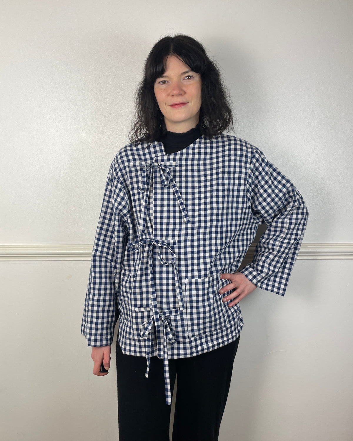 Handmade Navy Blue Gingham Asymmetric Tie Front Collarless Jacket - Size 14