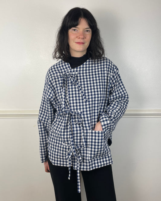Handmade Navy Blue Gingham Asymmetric Tie Front Collarless Jacket - Size 14