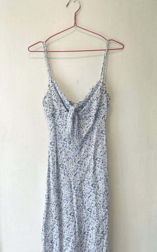 Vintage 00s Blue Floral Tie Front Dress - Up To Size 8