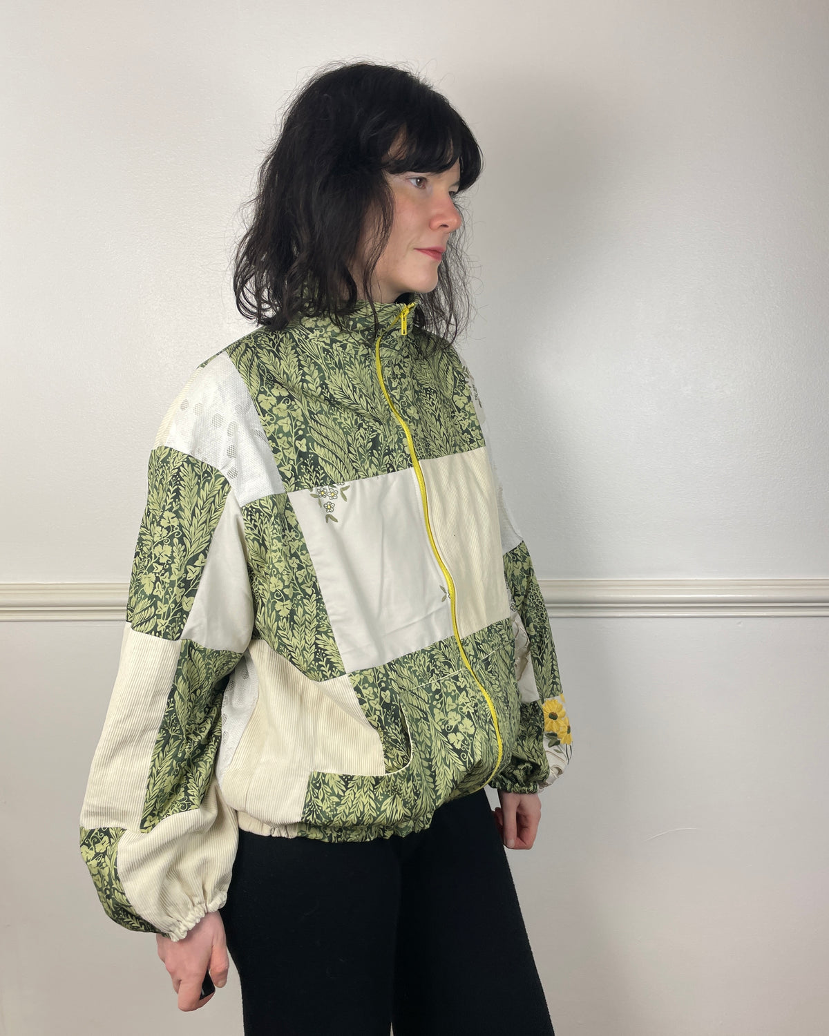Handmade Green and White Cotton Patchwork Floral Embroidered Bomber Jacket - Size 12