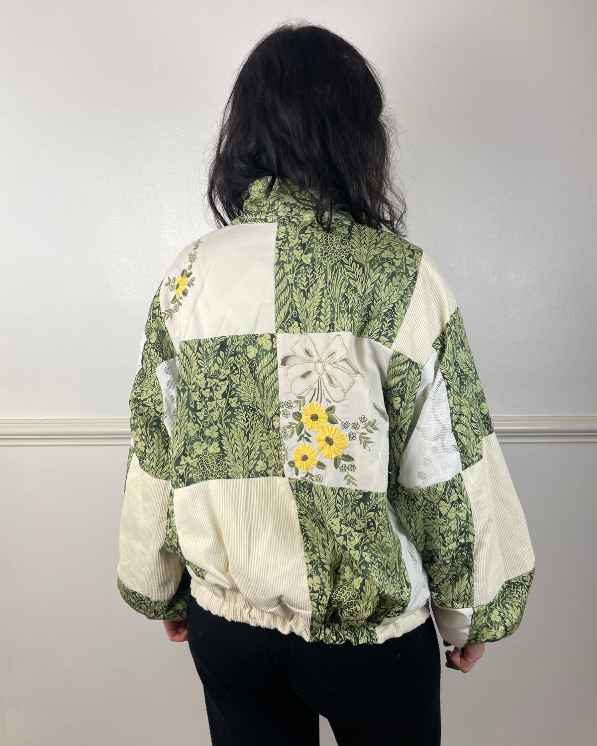 Handmade Green and White Cotton Patchwork Floral Embroidered Bomber Jacket - Size 12