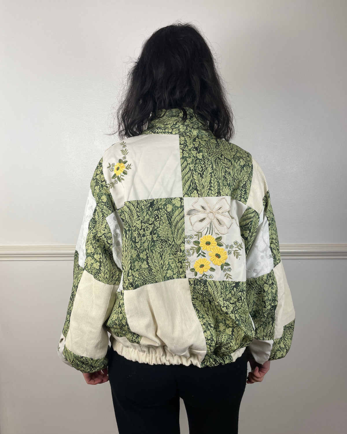 Handmade Green and White Cotton Patchwork Floral Embroidered Bomber Jacket - Size 12