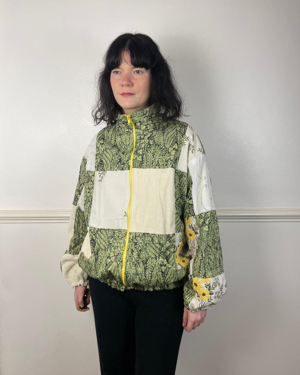 Handmade Green and White Cotton Patchwork Floral Embroidered Bomber Jacket - Size 12