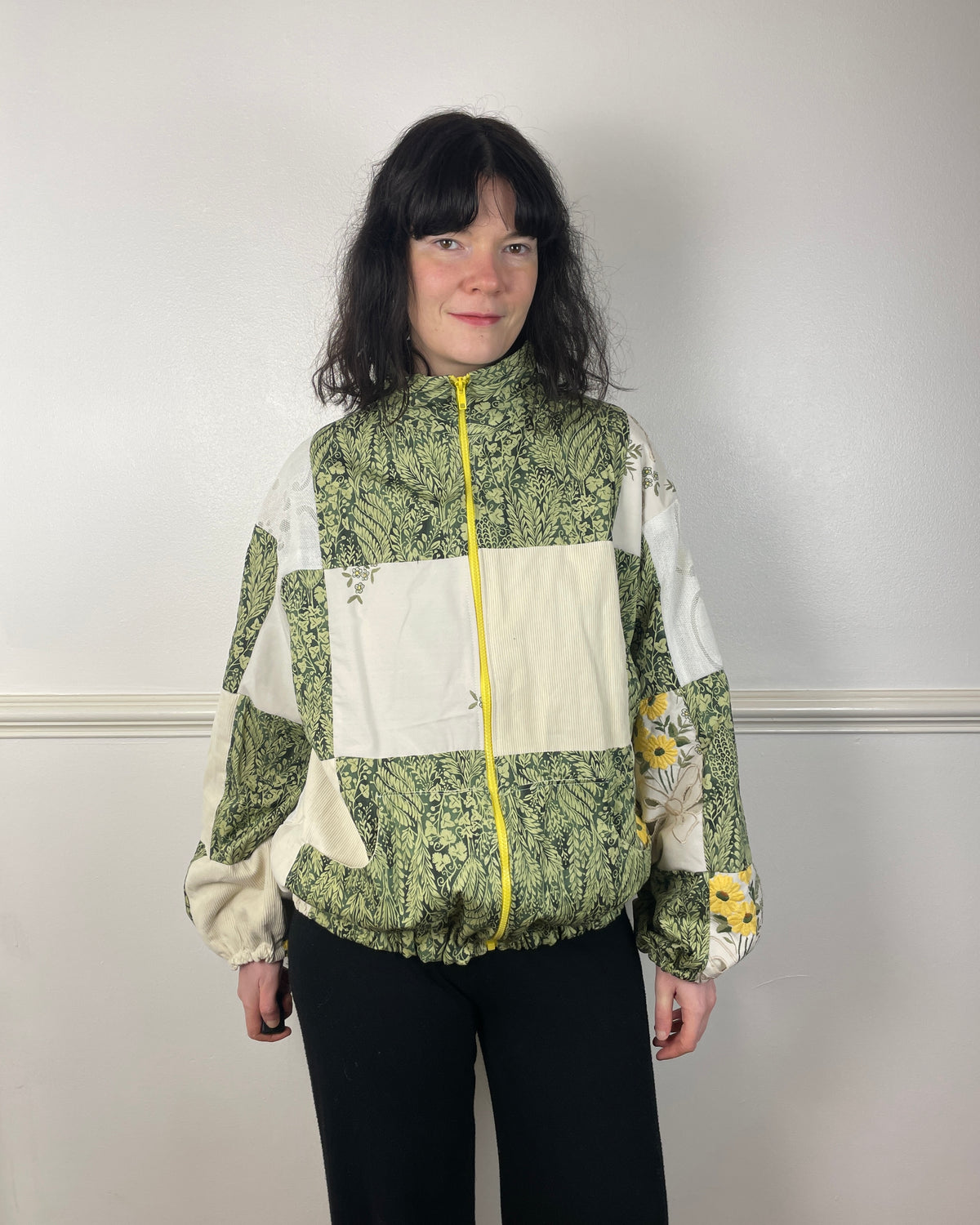 Handmade Green and White Cotton Patchwork Floral Embroidered Bomber Jacket - Size 12