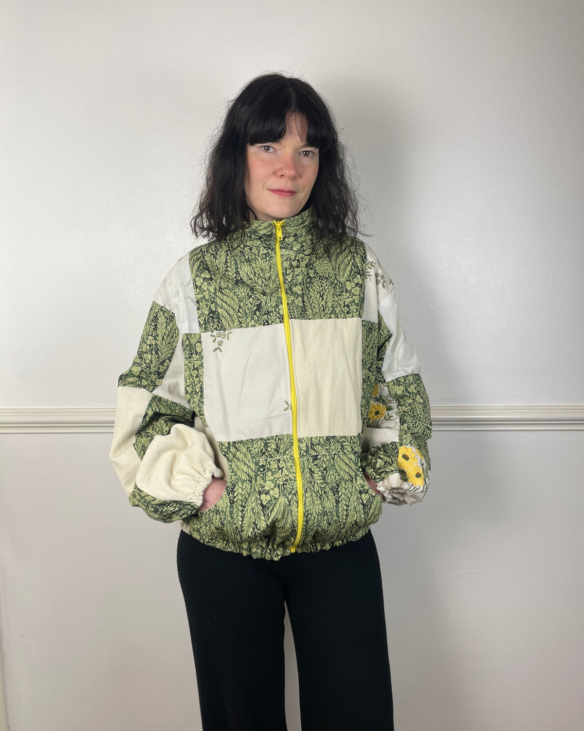 Handmade Green and White Cotton Patchwork Floral Embroidered Bomber Jacket - Size 12