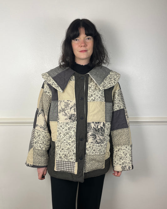 Handmade Black and White Floral Patchwork Quilted Large Collared Jacket - Size 14
