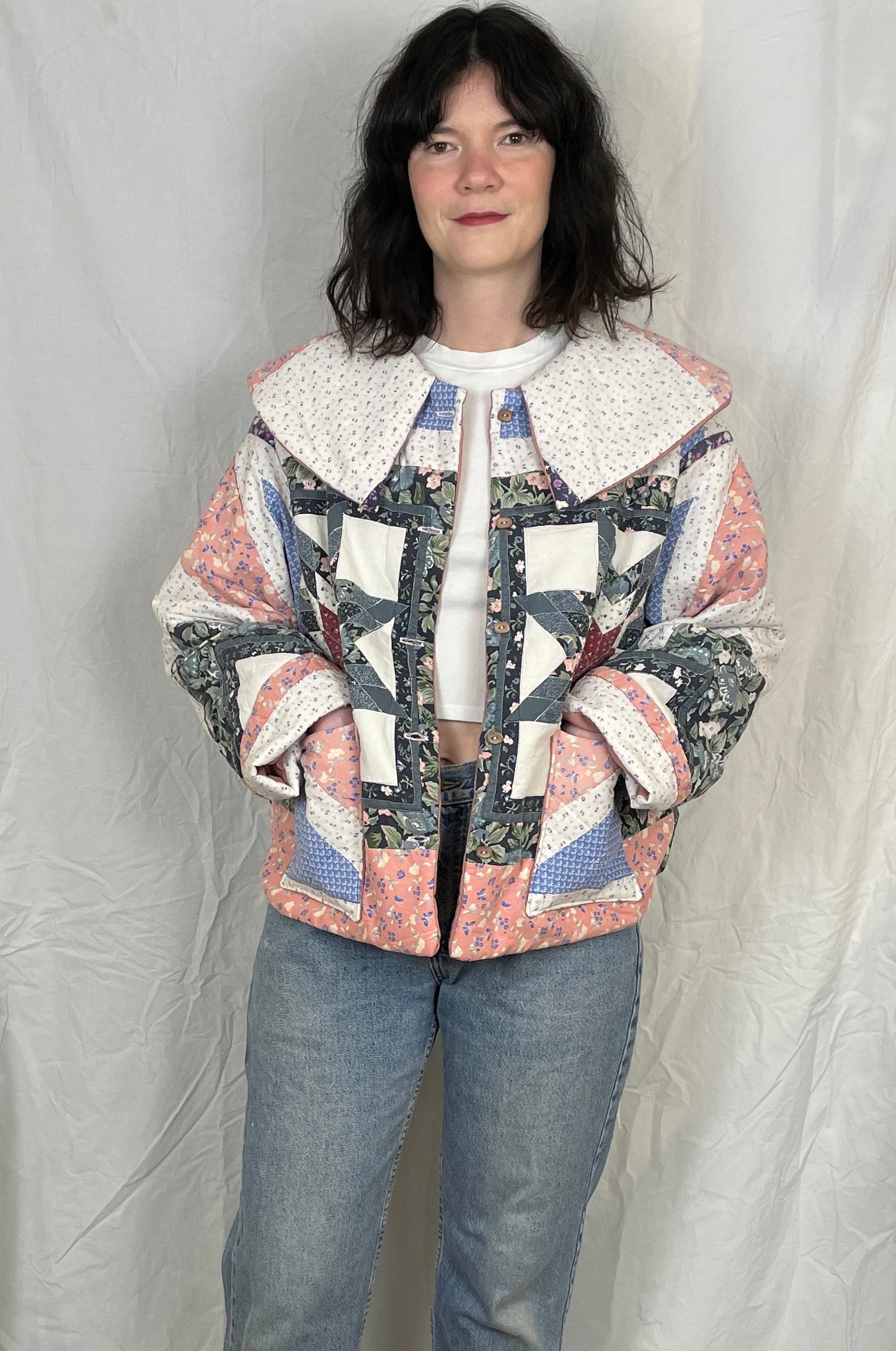 Penny Handmade Blue and Pink Patchwork Quilted Jacket - Up To Size 14