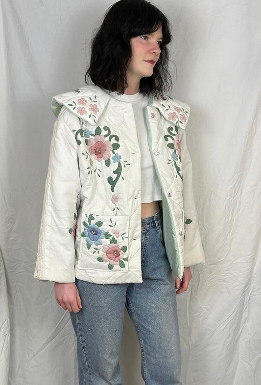 Penny Handmade Pale Pink Floral Collared Quilted Jacket - Up To Size 14