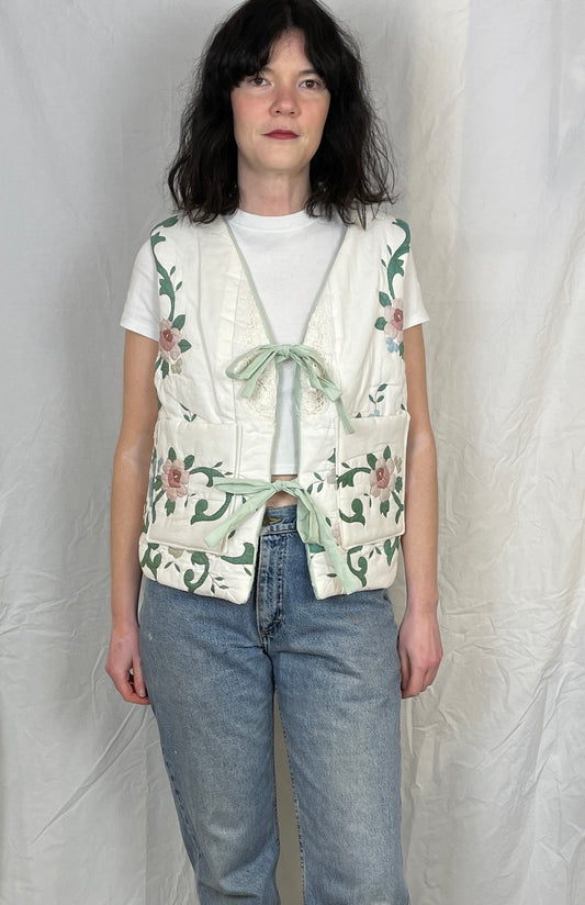 Zoe Handmade Pale Pink Floral Tie Front Quilted Vest Gilet - Up To Size 14