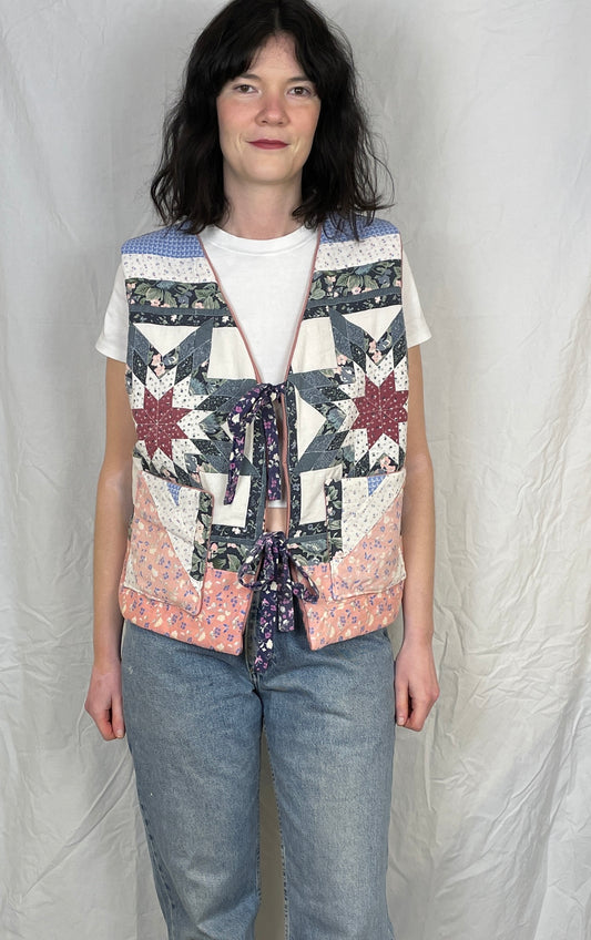 Zoe Handmade Blue and Pink Tie Front Quilted Vest Gilet - Up To Size 16