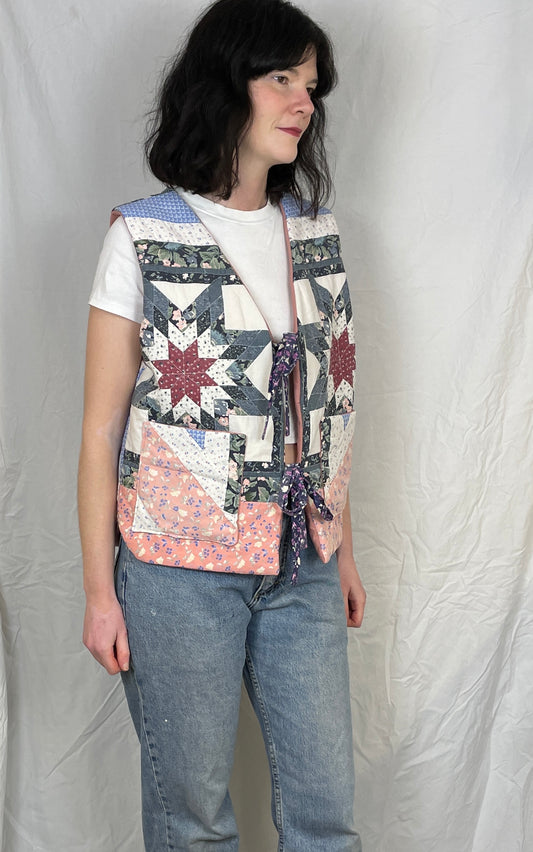 Zoe Handmade Blue and Pink Tie Front Quilted Vest Gilet - Up To Size 16