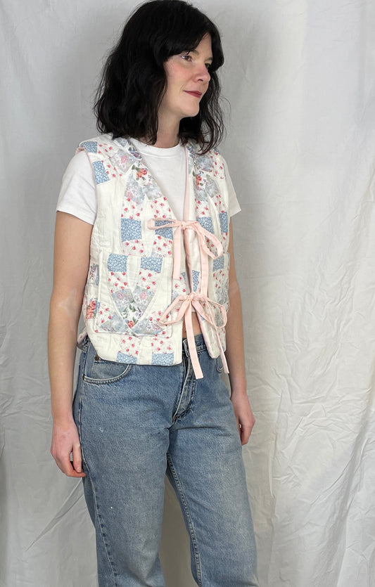 Zoe Handmade Pink and Blue Floral Tie Front Quilted Vest Gilet - Up To Size 10