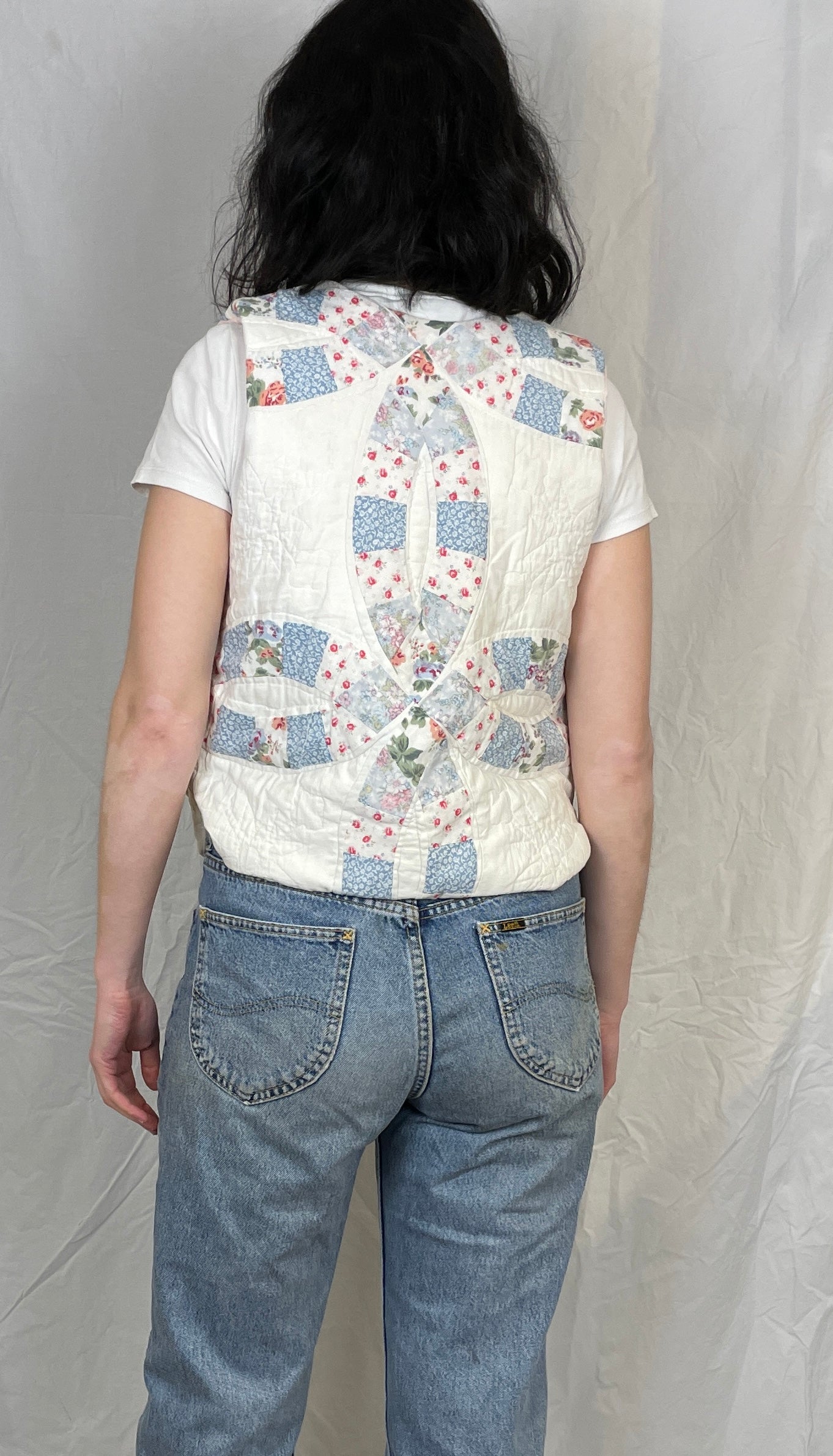 Zoe Handmade Pink and Blue Floral Tie Front Quilted Vest Gilet - Up To Size 10
